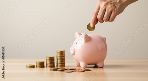 A person's hand places a coin into a piggy bank next to a rising stack of coins symbolizing savings and financial growth