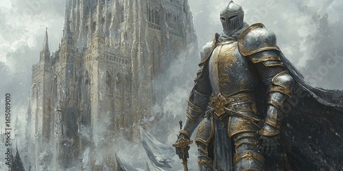 Armored knight with red cape stands on stone wall overlooking large gothic-style cathedral amid dense clouds and city towers. Generative by AI.