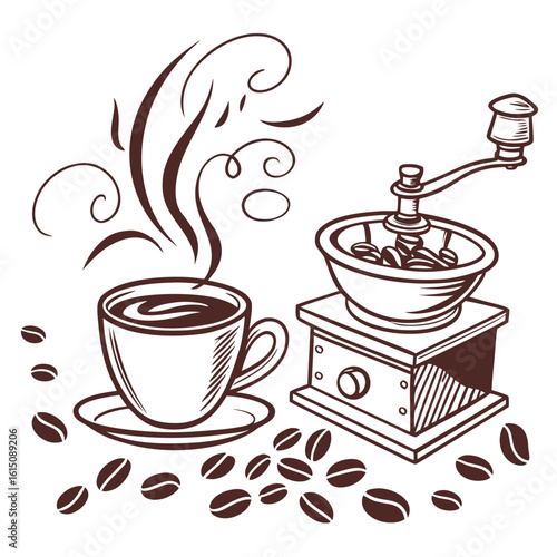 Vintage coffee grinder and steaming cup with beans illustration