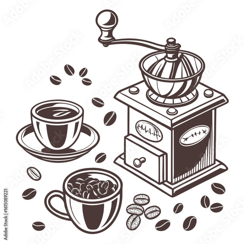 Vintage coffee grinder with cups of coffee and beans