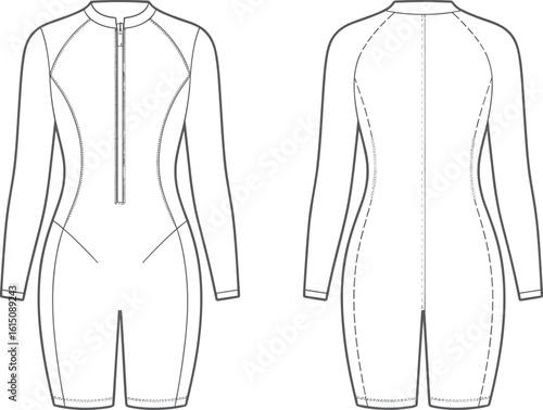Women’s wetsuit fashion design, front and back technical sketch, long sleeve surf suit, cad drawing, flat vector illustration