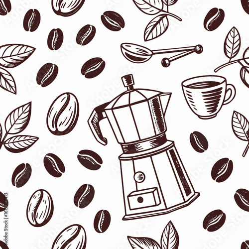 Hand drawn coffee beans moka pot cup and spoon seamless pattern