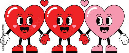 Three Cartoon Hearts Holding Hands On White Keywords: hearts, love, cartoon, valentine, romance