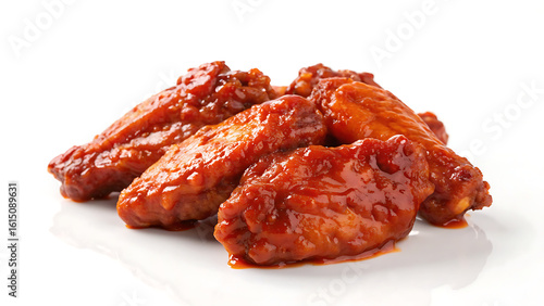 A close up of several chicken wings covered in a red sauce on a white surface with a slight reflection