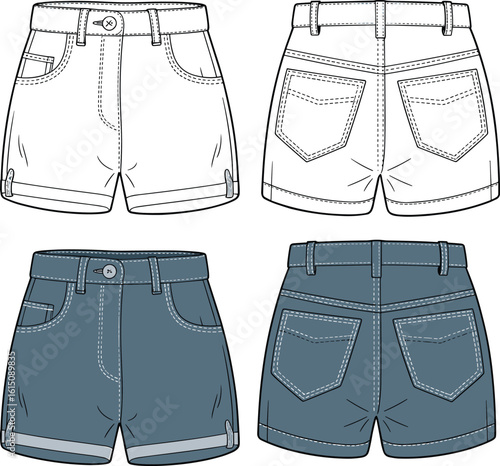 Women's denim shorts with cuff detail, front and back view, fashion CAD template, flat vector sketch, casual summer apparel design