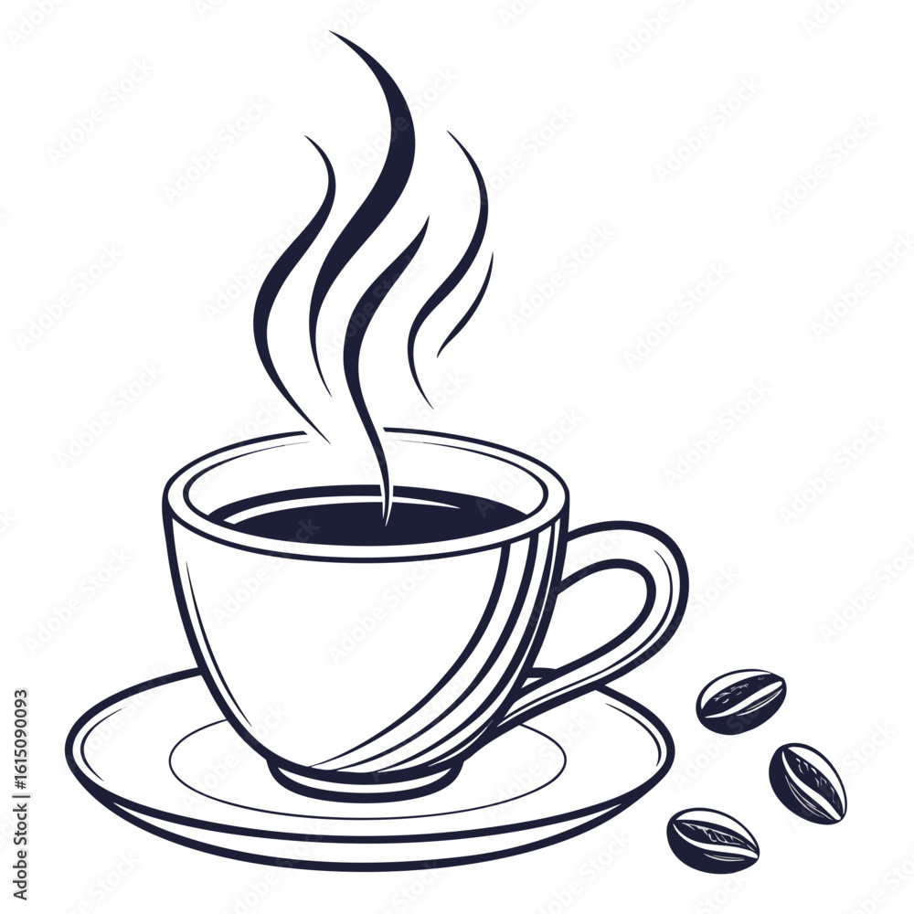 Obraz premium Steaming cup of coffee with beans line art illustration