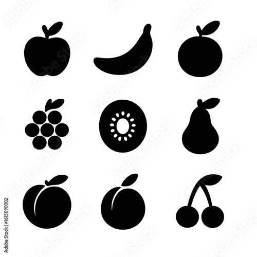 Fruit Bowl Icons. Solid, filled icon set of fruit bowl contents: apple, banana, orange, pear, grapes, kiwi, peach, plum, cherry.
