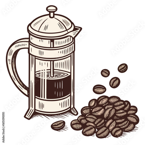 French press coffee maker with roasted coffee beans illustration
