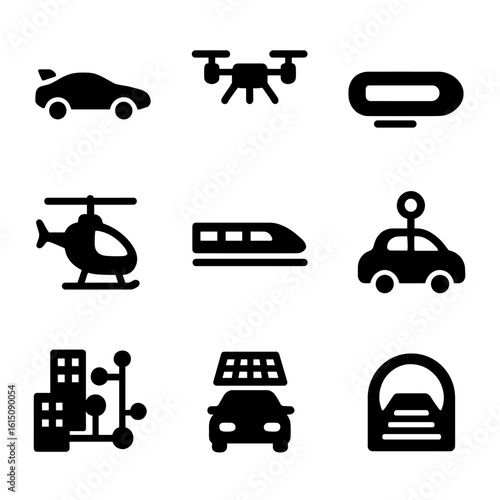 Future Transport Icons. Solid, filled icon set of future transport concepts: flying car, transport drone, hyperloop capsule,