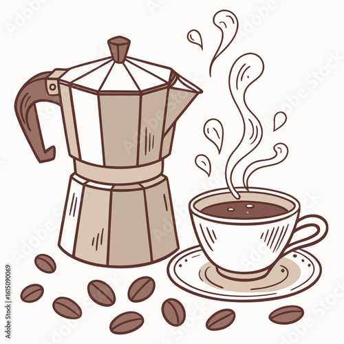 Hand drawn illustration of a moka pot coffee maker with a cup of hot coffee and beans