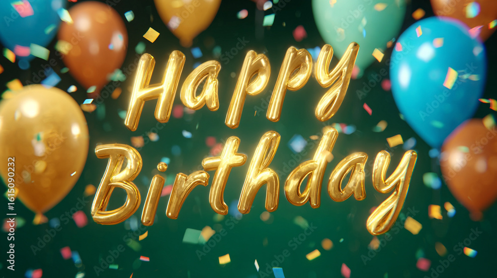 Fototapeta premium happy birthday text on gradient background with floating balloons and glitter