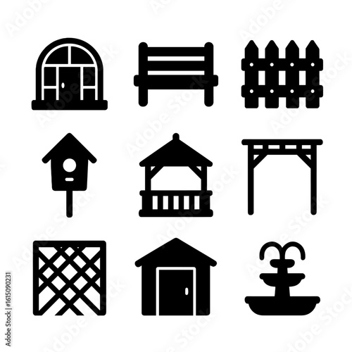 Garden Icon Set. Solid, filled icon set of garden structures: greenhouse, garden bench, fence, birdhouse, gazebo, pergola, trellis
