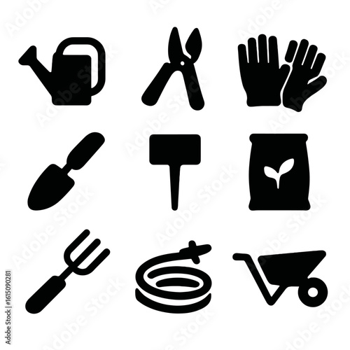 Gardening Tools Icons. Solid, filled icon set of gardening tools and accessories: watering can, pruning shears, gardening gloves,