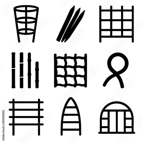 Gardening Stakes Icons. Solid, filled icon set of gardening stakes and supports: tomato cage, plant stake, trellis, bamboo stick,