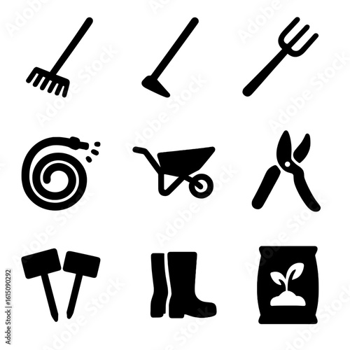 Gardening Tool Icons. Solid, filled icon set of gardening tools: rake, hoe, garden fork, watering hose, wheelbarrow, pruning
