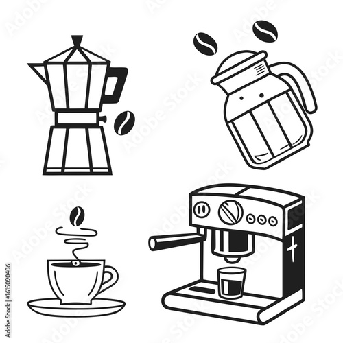 Collection of coffee making equipment and coffee beans in a simple line art style