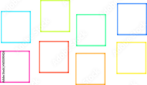 colorful square frames, set of glowing gradient outline boxes in neon style used for template layout UI design decoration digital banner interface in modern vector graphic illustration

