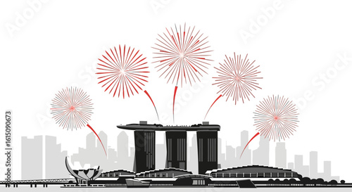 Silhouette of Singapore skyline with fireworks exploding above Marina Bay Sands.
