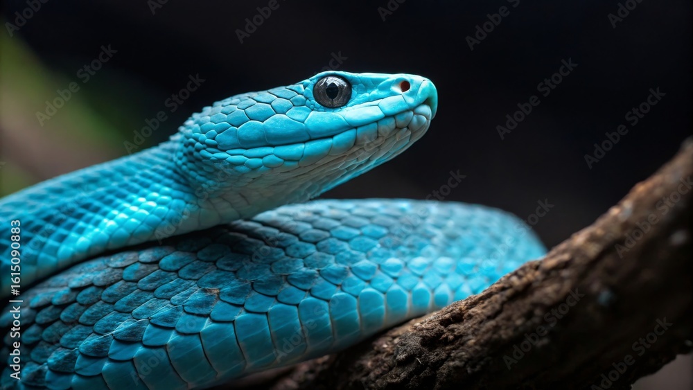 Fototapeta premium Vibrant Blue Snake Resting on Branch with Detailed Scales