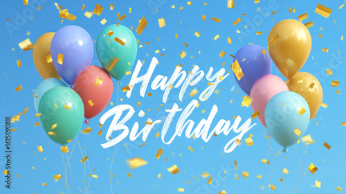 rainbow color air balloons happy birthday text on festive blue background with flying golden confetti, celebratory, party video card, birthday greetings, events poster, birthday celebration.