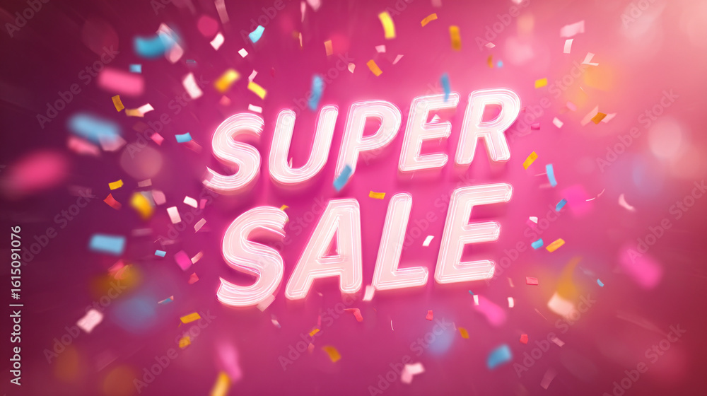 Fototapeta premium SUPER SALE words in bold letters over light pink background with falling celebration confetti — great for digital ads.