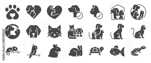 Pet friendly solid icon set. Included the icons as dog, cat, animals, bird, fish, and more.