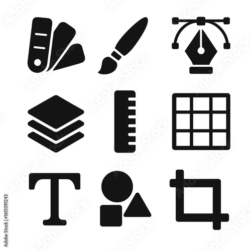 Graphic Design Icons. Solid, filled icon set of graphic design: color palette, brush, vector pen tool, layers, ruler, grid,