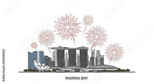 Singapore's Marina Bay skyline illuminated by a vibrant fireworks display.