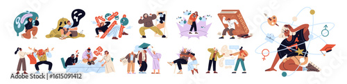Concept set of teenagers' problems. Teen boys and girls with difficulties of self determination, psychological pressure, depression and troubles. Flat isolated vector illustrations on white background