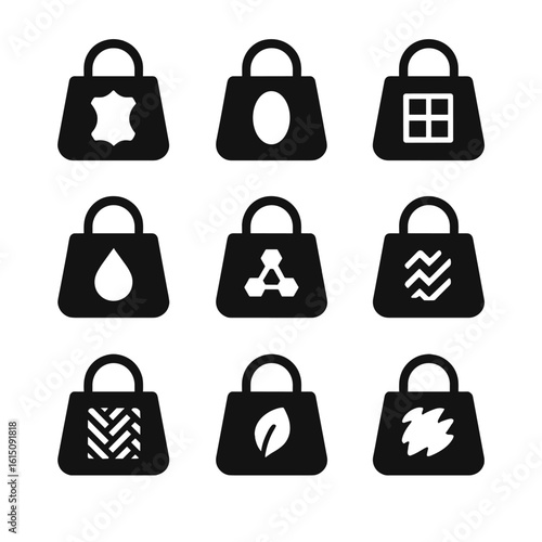 Handbag Material Icons. Solid, filled icon set of handbag materials: leather, suede, canvas, nylon, synthetic, denim, straw,