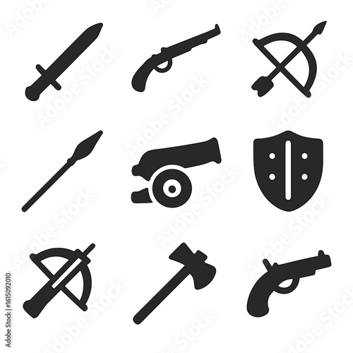 Historical Weapons Icons. Solid, filled icon set of historical reenactment weapons: sword, musket, bow and arrow, spear, cannon,