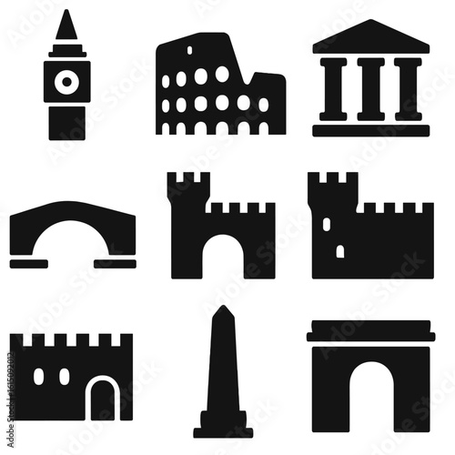 Historical Landmark Icons. Solid, filled icon set of historical landmarks: clock tower, colosseum, ancient temple, stone bridge,