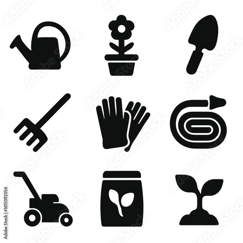 Home Gardening Icons. Solid, filled icon set of home gardening: watering can, flower pot, shovel, rake, garden gloves, hose, lawn