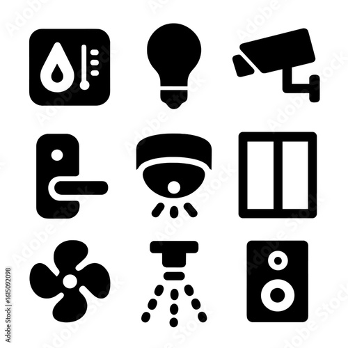 Home Settings Icons. Solid, filled icon set of home settings: thermostat, light bulb, security camera, door lock, smoke detector,