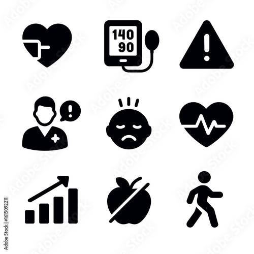 Hypertension Awareness Icons. Solid, filled icon set of hypertension awareness: red heart with pressure mark, high reading screen,