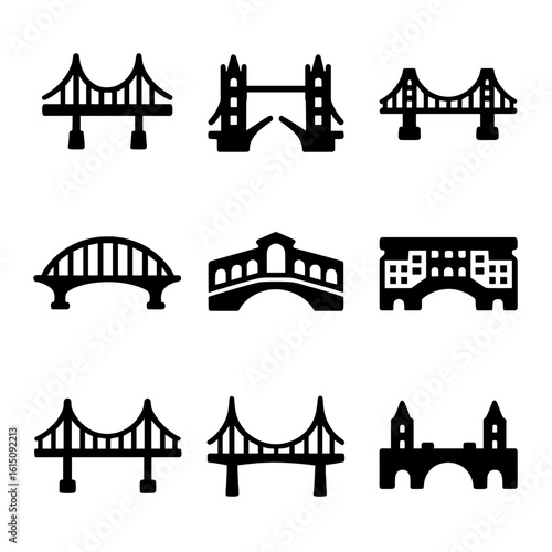Iconic Bridges Icons. Solid, filled icon set of iconic bridges and landmarks: Golden Gate Bridge, Tower Bridge, Brooklyn Bridge,