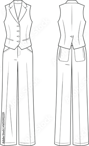 Women's tailored vest and wide leg pants flat sketch, sleeveless suit top, back pockets, front buttons, cad drawing vector