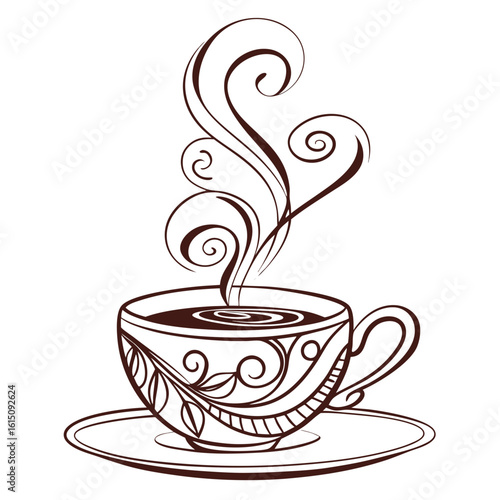 Decorative coffee cup with swirling steam and floral design
