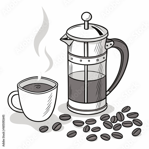 Freshly brewed coffee with french press and coffee beans