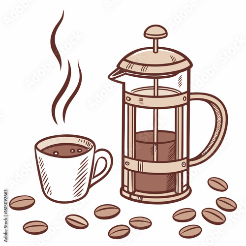 Hand drawn illustration of a steaming cup of coffee next to a french press and coffee beans