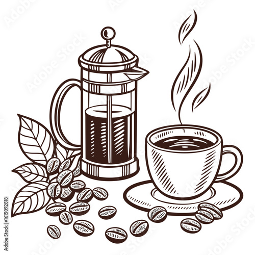 Hand drawn illustration of a french press coffee maker with a steaming cup and coffee beans