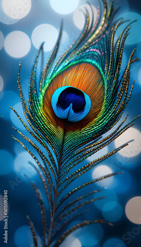 Vibrant peacock feather phone wallpaper. Elegant close-up illustration of a colorful feather eye with a blue bokeh background.