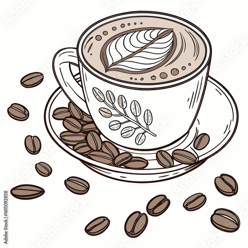 Hand drawn illustration of a coffee cup with latte art and scattered coffee beans