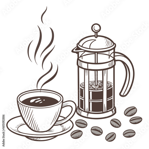 Hand drawn illustration of a steaming cup of coffee next to a french press and coffee beans