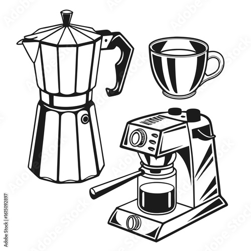 Espresso machine moka pot and coffee cup illustration