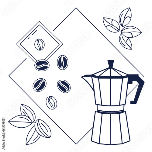 Minimalist illustration of coffee beans moka pot and coffee leaves