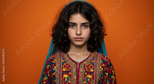 Stunning portrait of a young Afghan girl in traditional dress against a vibrant orange backdrop