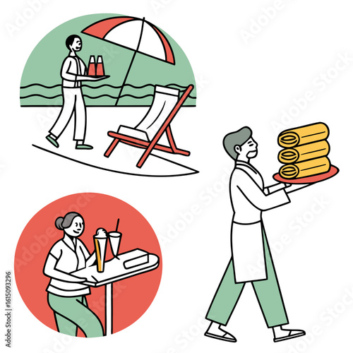 Service staff delivering drinks and towels at a resort or hotel