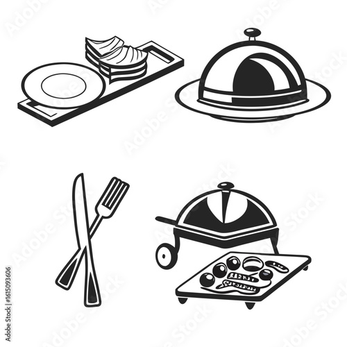 Collection of stylized food and dining icons in black and white