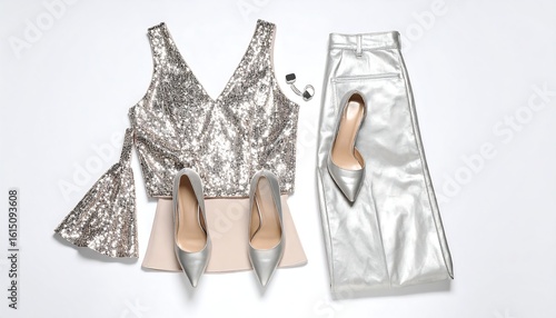 Silver Sequin Top, Metallic Pants, and Heels: A Fashionable Outfit Laid Flat on White